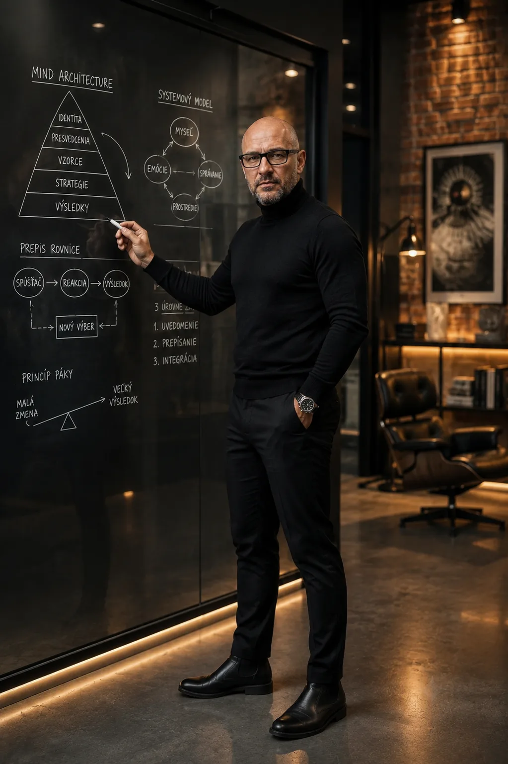 Rasťo Kmeť pri tabuli s modelom Mind Architecture: identita, presvedčenia, vzorce, stratégie, výsledky